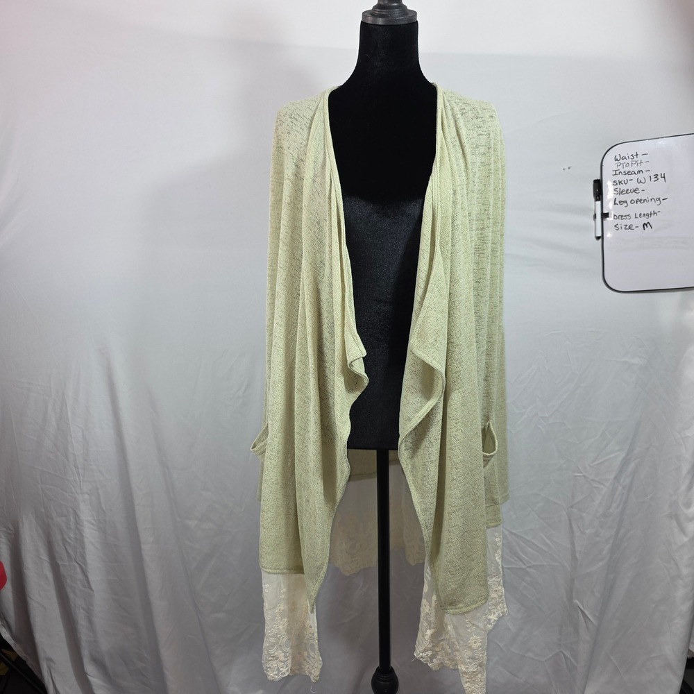 Umgee Womens Sage Green Lace Trim Open Front Draped Cardigan Sweater Size M W134